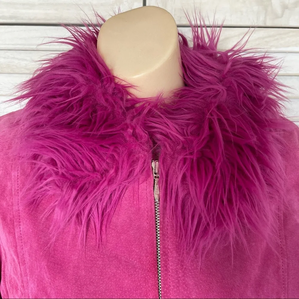 WILSONS LEATHER MAXIMA 90s PINK LEATHER W/ FAUX FUR TRIM COAT - Picture 5 of 14